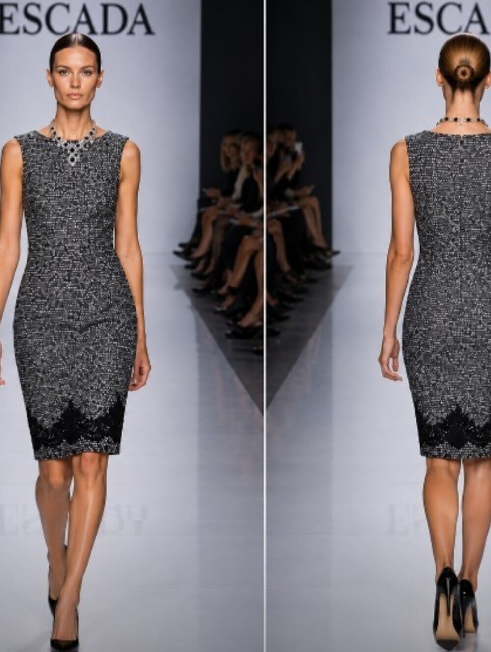 ESCADA 10/40 TWEED WOOL COTTON POLY BLEND BOUCLE LACE BLACK WHITE SHEATH DRESS - Picture 8 of 9